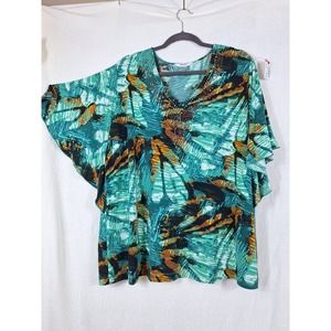 Women's blouse green with white, brown design size 2X